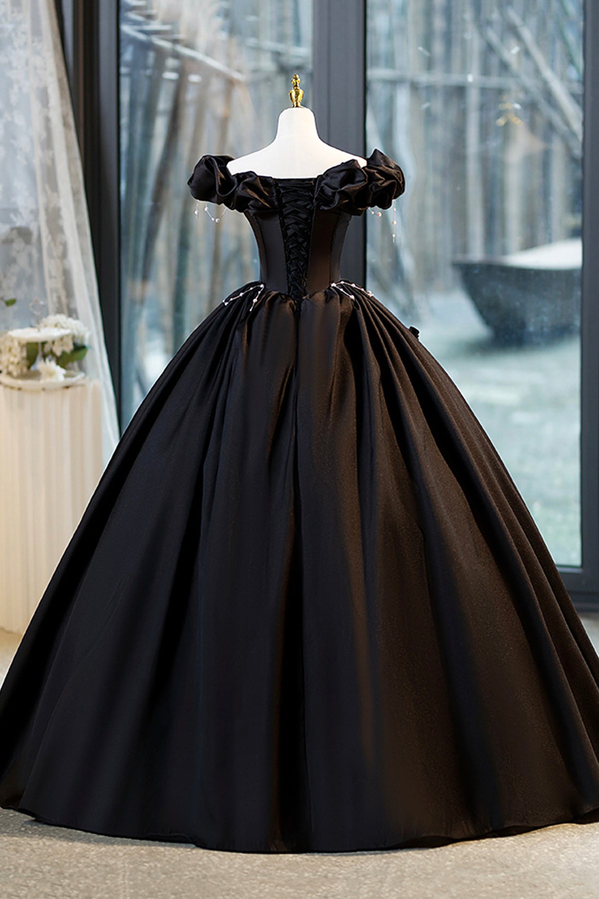 Ball Gown Black A-Line Corset Floor Length Formal Dress Elegant Satin Princess Evening Dress