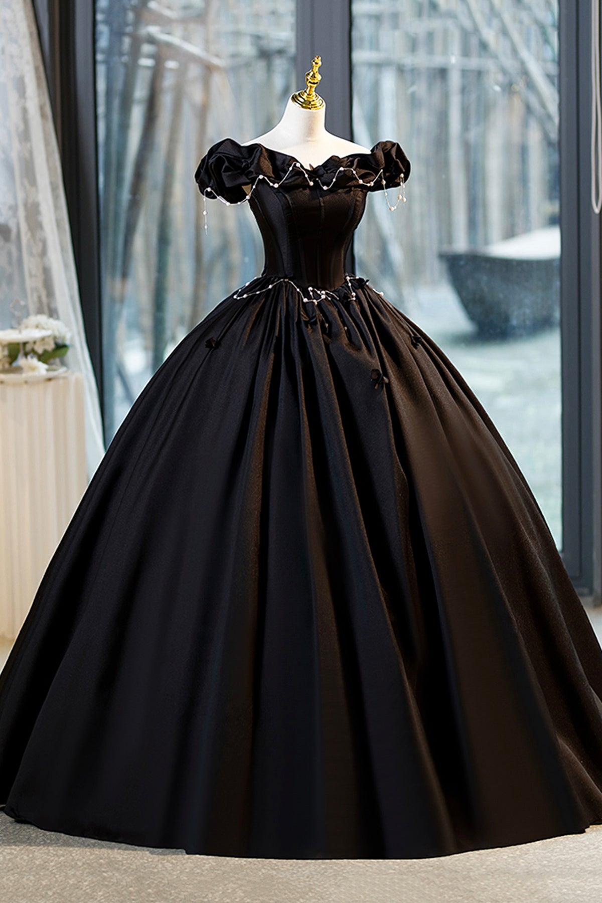 Ball Gown Black A-Line Corset Floor Length Formal Dress Elegant Satin Princess Evening Dress