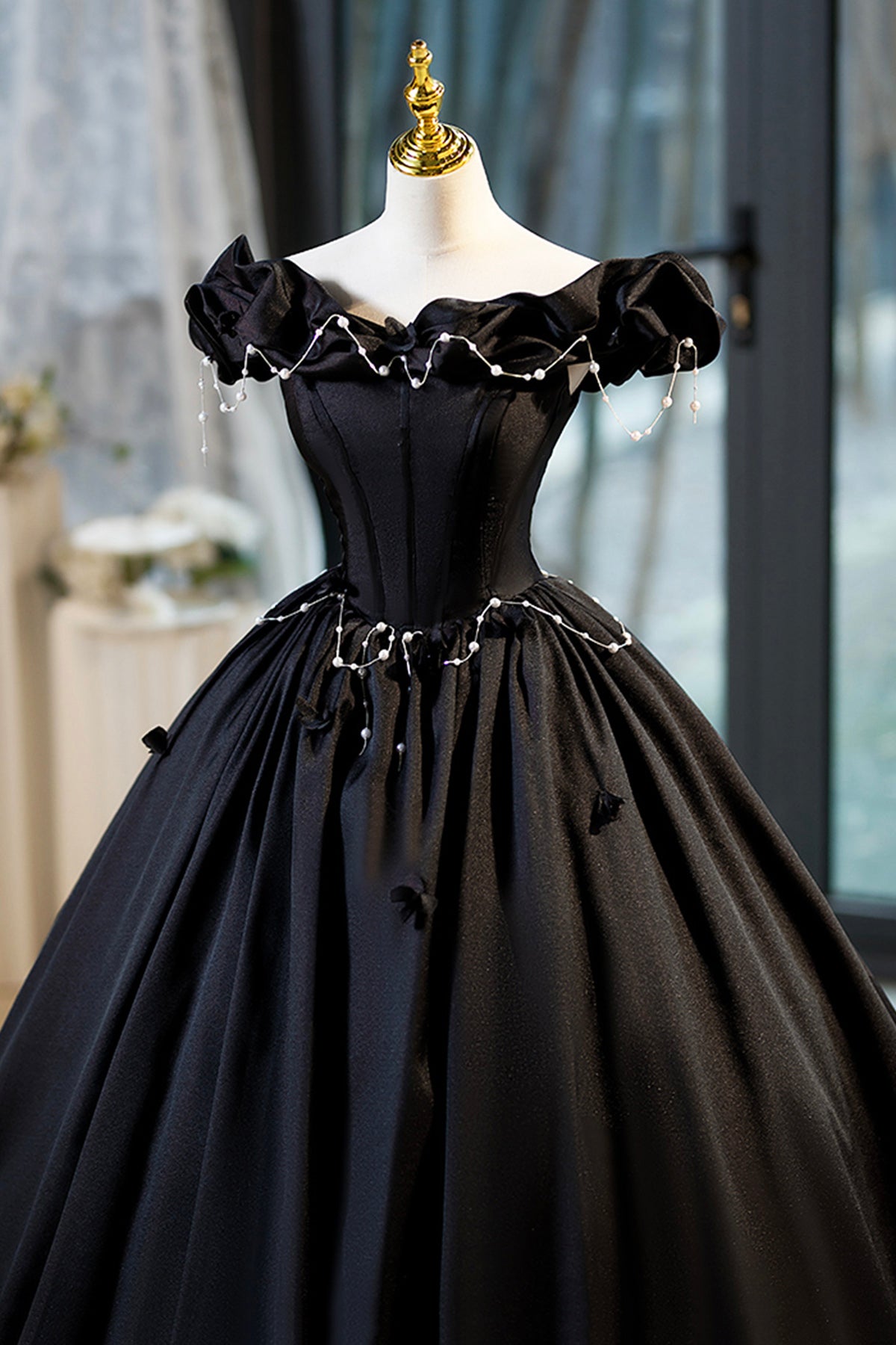 Ball Gown Black A-Line Corset Floor Length Formal Dress Elegant Satin Princess Evening Dress