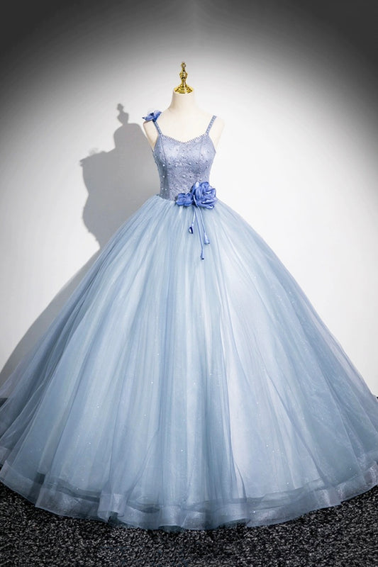 Beautiful Blue Pearl Satin Prom Dress A-Line Princess Spaghetti Straps Formal Gowns