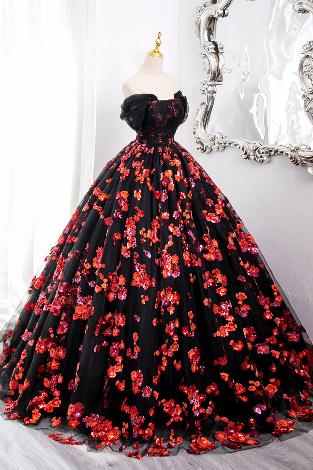 Black Princess Dress A-Line Off the Shoulder Tulle and Red Sequins Long Prom Formal Dresses