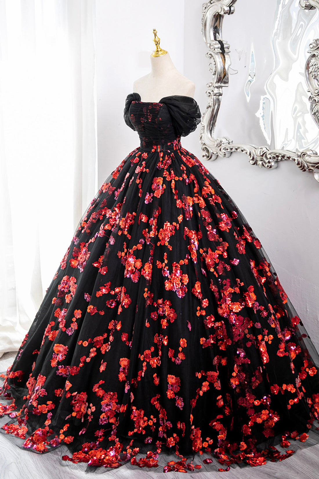 Black Princess Dress A-Line Off the Shoulder Tulle and Red Sequins Long Prom Formal Dresses