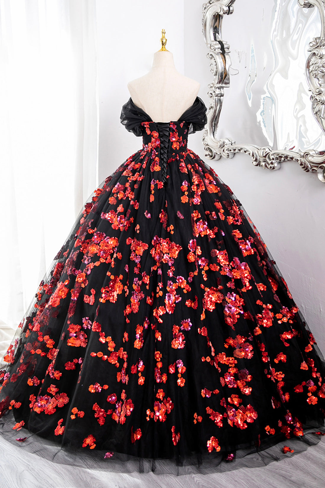 Black Princess Dress A-Line Off the Shoulder Tulle and Red Sequins Long Prom Formal Dresses