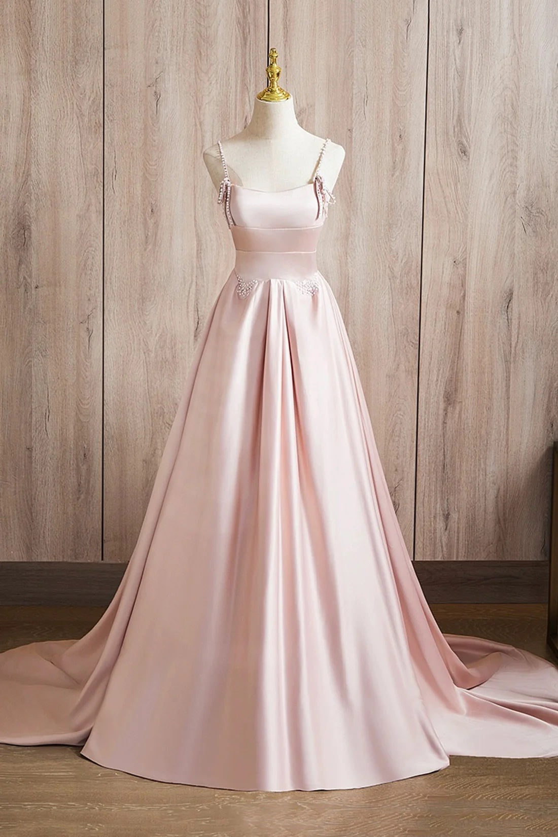 Beautiful Pink Pearl Satin Prom Dress A-Line Princess Spaghetti Straps Sweep Train Formal Gowns