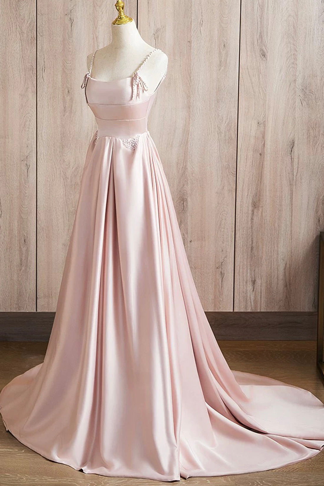 Beautiful Pink Pearl Satin Prom Dress A-Line Princess Spaghetti Straps Sweep Train Formal Gowns