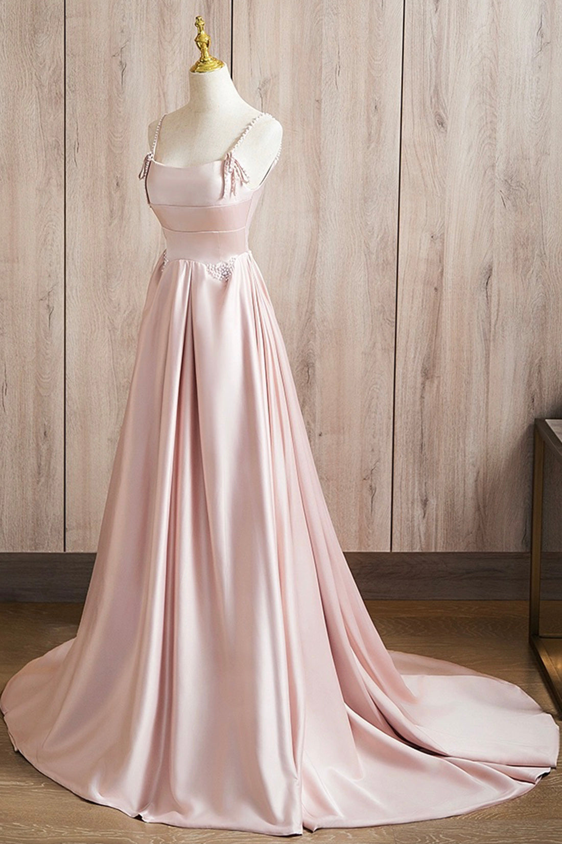 Beautiful Pink Pearl Satin Prom Dress A-Line Princess Spaghetti Straps Sweep Train Formal Gowns