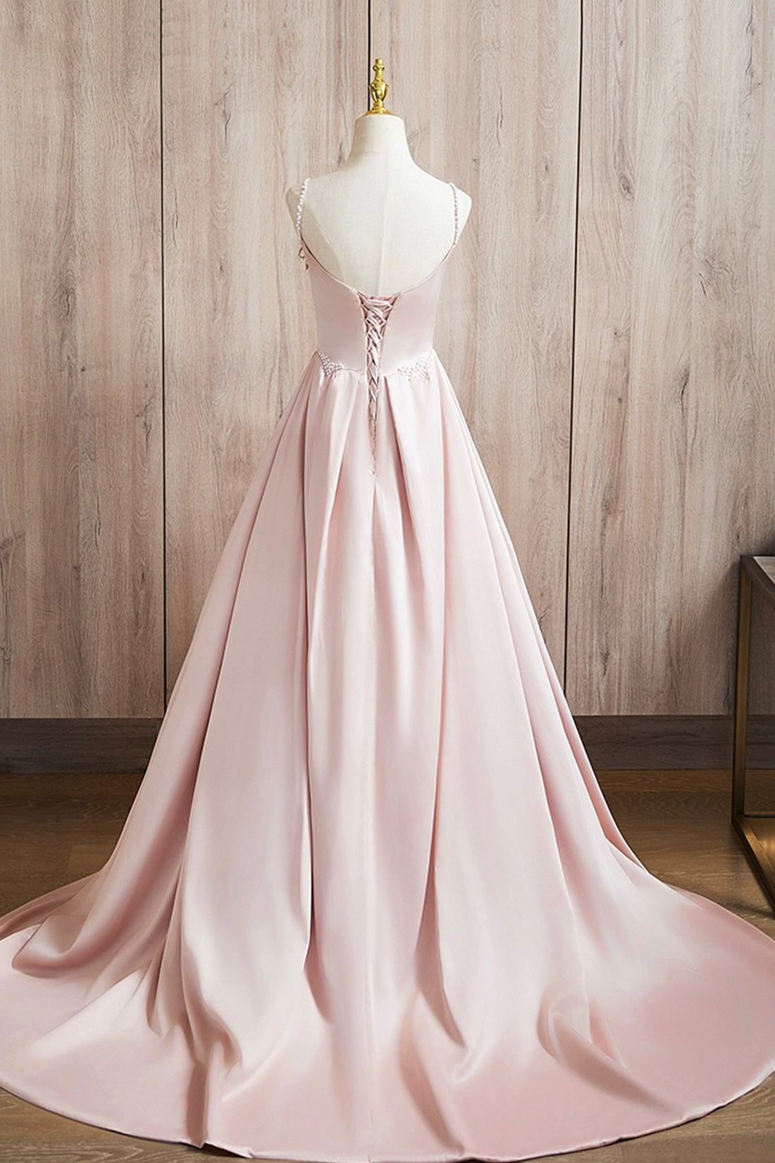 Beautiful Pink Pearl Satin Prom Dress A-Line Princess Spaghetti Straps Sweep Train Formal Gowns