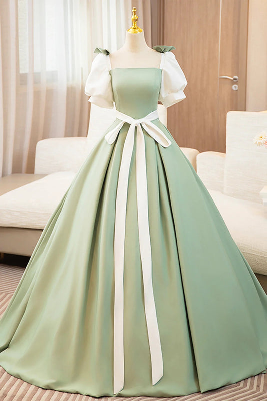 Sweet Princess Dresses Green A-Line Ball Gown Dress with Bow Puffy Sleeve Elegant Long Simple Evening Dress