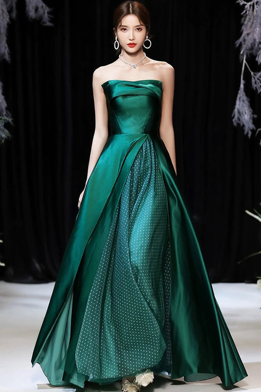 Evening Dress A-Line Strapless Satin Fabric Floor Length Pleated Formal Party Dress Forest Green Pageant Dress