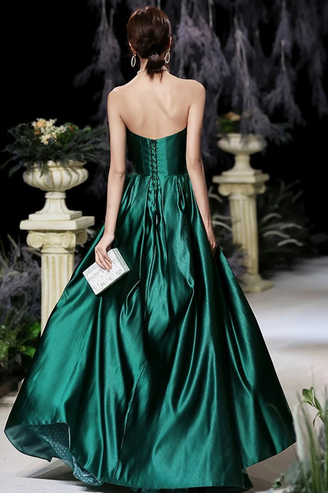 Evening Dress A-Line Strapless Satin Fabric Floor Length Pleated Formal Party Dress Forest Green Pageant Dress