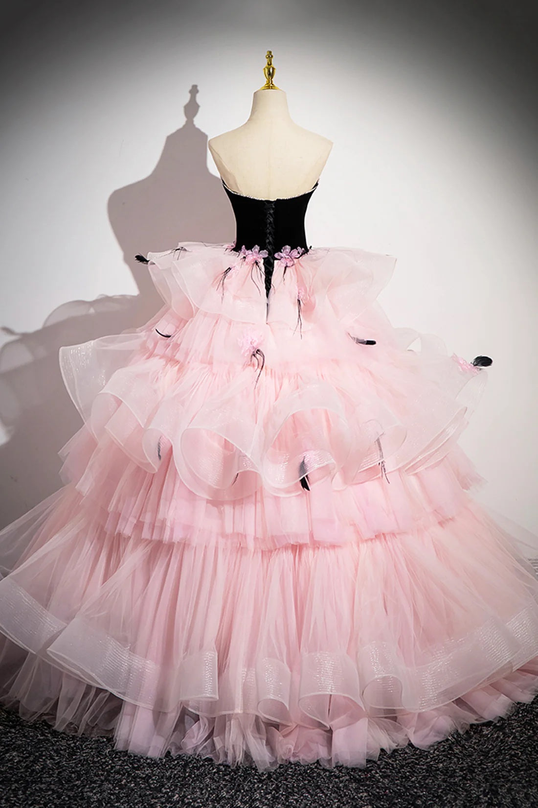 Evening Dress A-Line Strapless Blushing Pink Tassel Pearl Rhinestone Cascading Ruffles Prom Dress