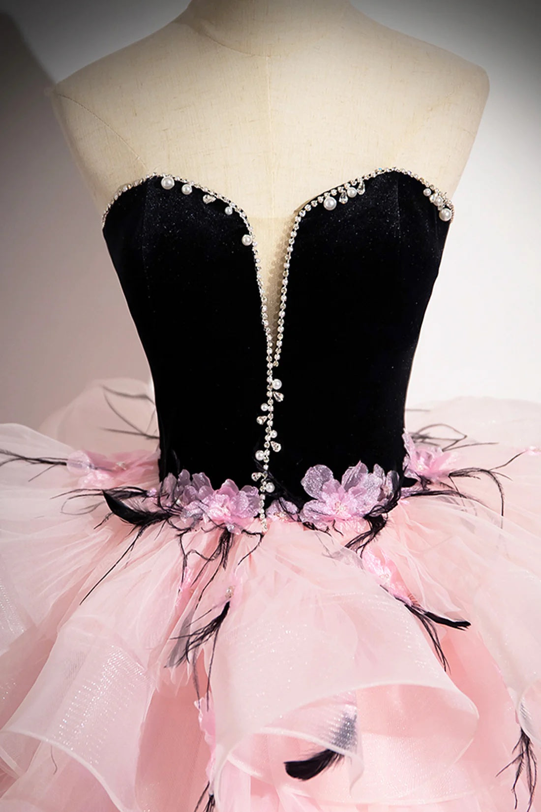 Evening Dress A-Line Strapless Blushing Pink Tassel Pearl Rhinestone Cascading Ruffles Prom Dress