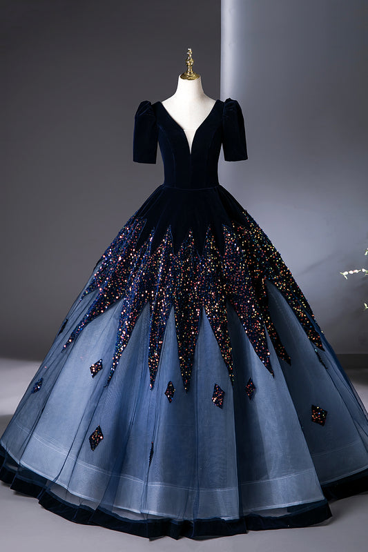 Blue Ball Gown Elegant Tulle Prom Graduation Dress A-Line Black Floor Length Party Dress