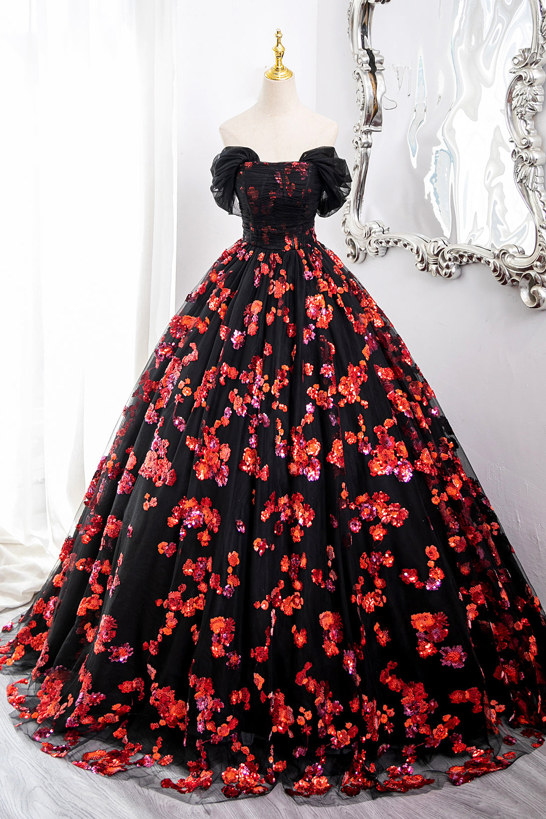 Black Princess Dress A-Line Off the Shoulder Tulle and Red Sequins Long Prom Formal Dresses