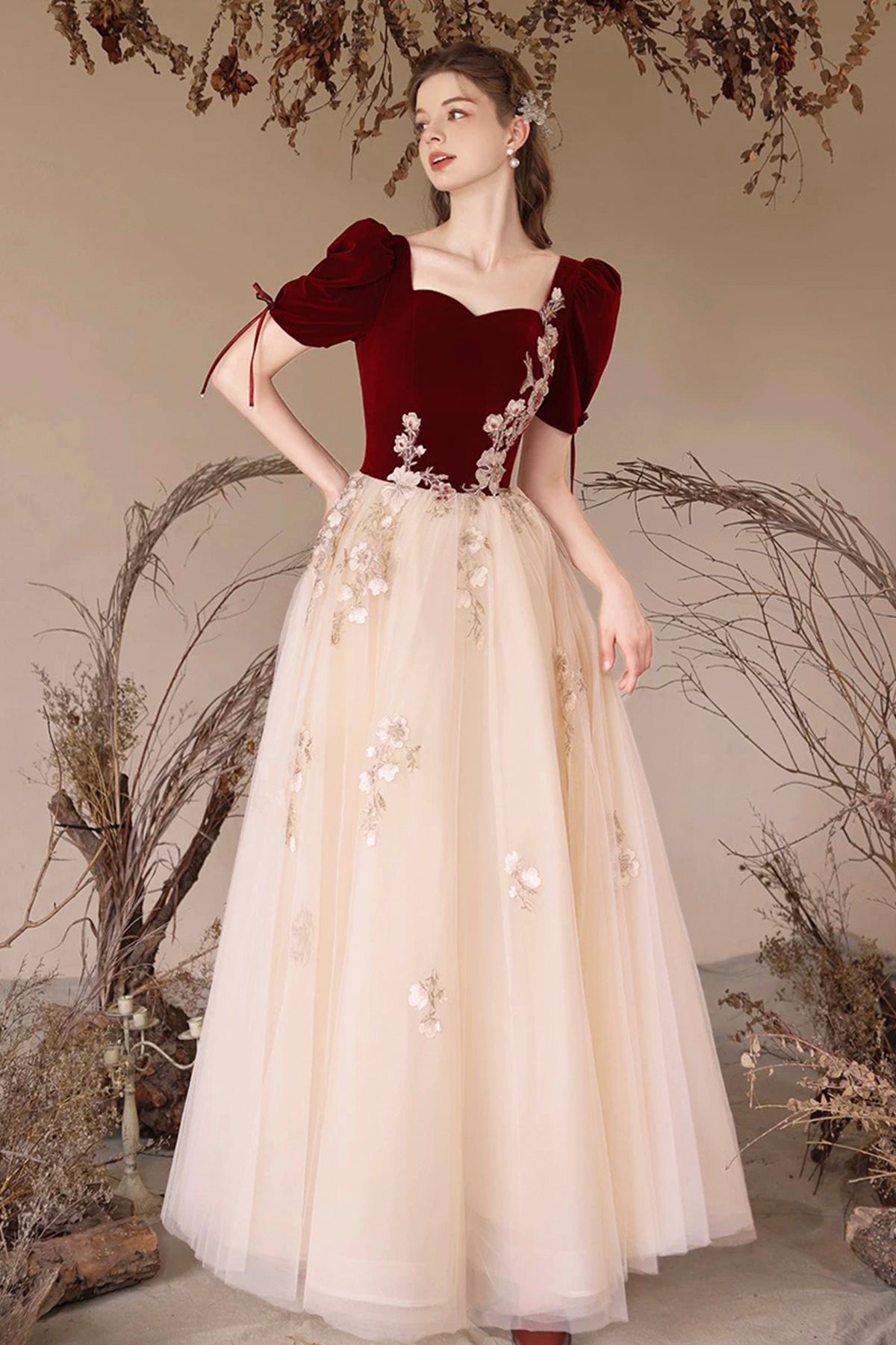 Party Dress Burgundy Rhinestone Lace Flower Velvet Prom Dress Short Sleeve Evening Dress