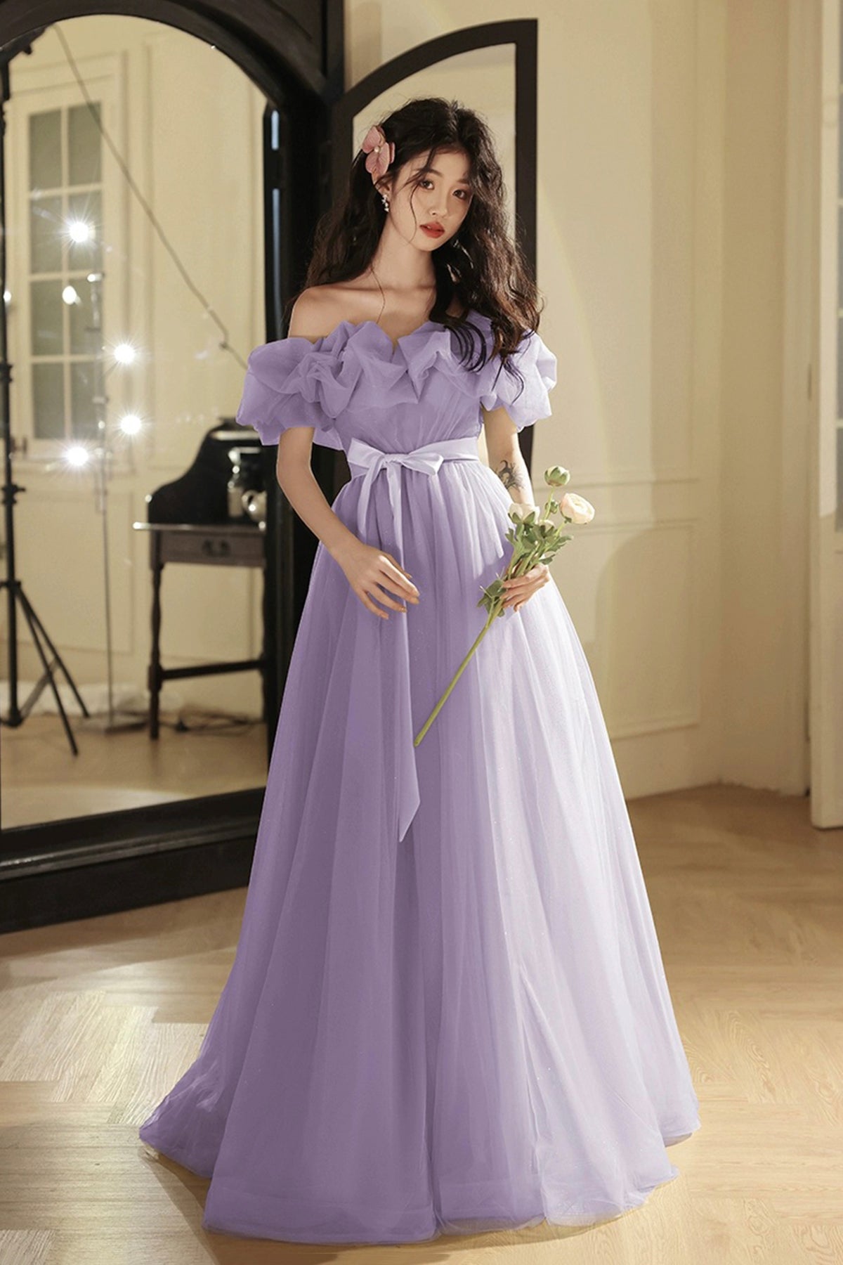 Lavender Bow Sash Prom Dresses A-Line Princess Ruffle Off the Shoulder Floor Length Prom Formal Dresses