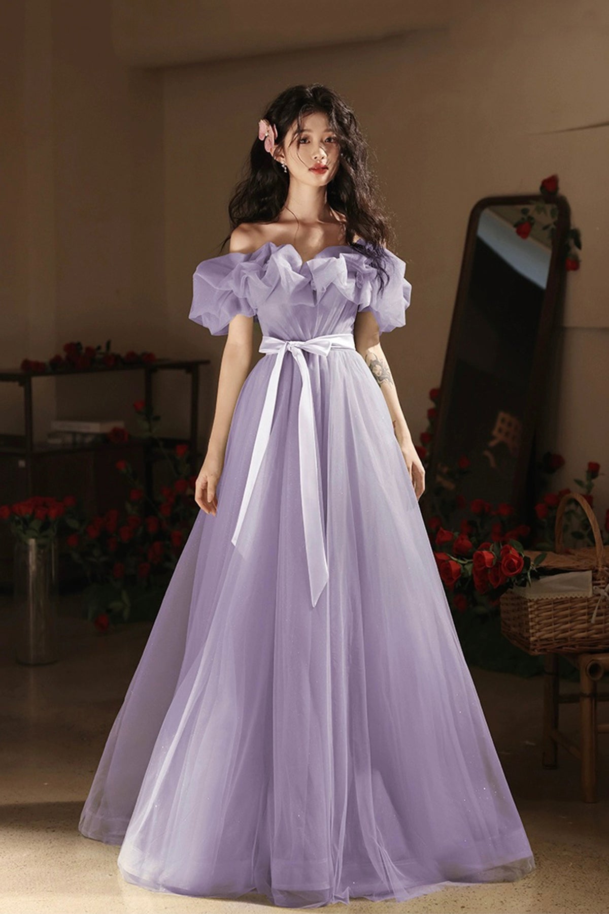 Lavender Bow Sash Prom Dresses A-Line Princess Ruffle Off the Shoulder Floor Length Prom Formal Dresses