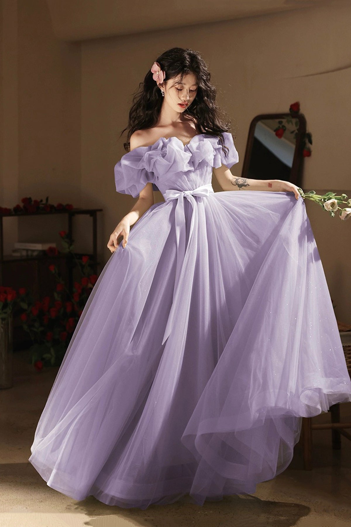 Lavender Bow Sash Prom Dresses A-Line Princess Ruffle Off the Shoulder Floor Length Prom Formal Dresses