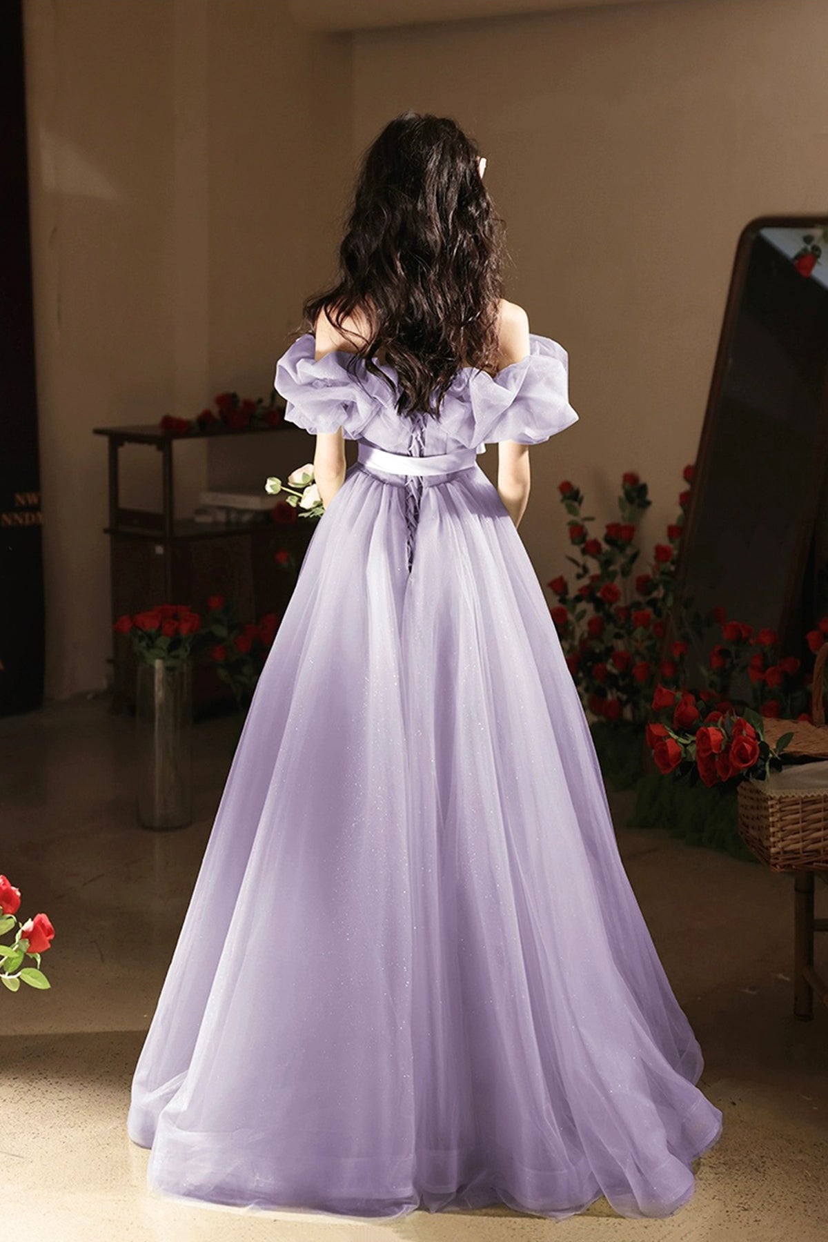 Lavender Bow Sash Prom Dresses A-Line Princess Ruffle Off the Shoulder Floor Length Prom Formal Dresses