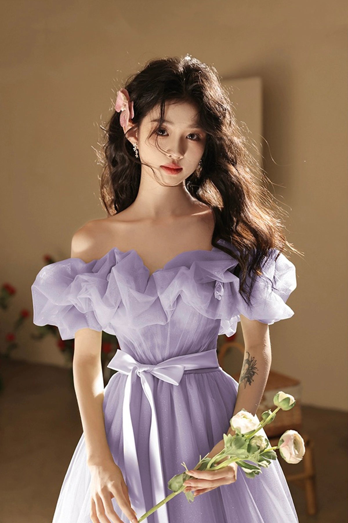 Lavender Bow Sash Prom Dresses A-Line Princess Ruffle Off the Shoulder Floor Length Prom Formal Dresses