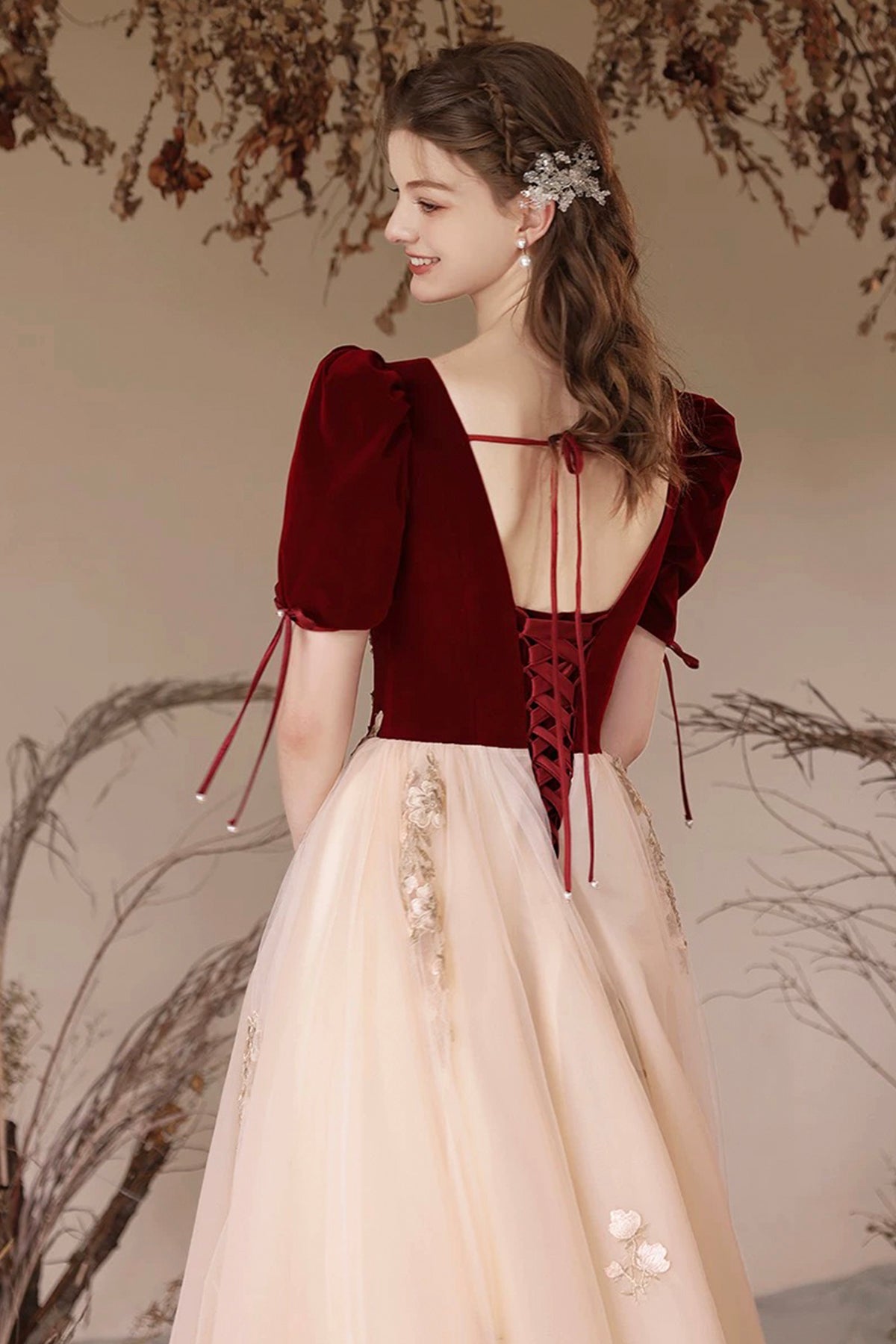 Party Dress Burgundy Rhinestone Lace Flower Velvet Prom Dress Short Sleeve Evening Dress