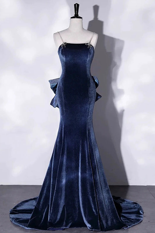 Evening Dress Mermaid Velvet Floor Length Prom Dress Blue Spaghetti Strap Backless Party Dress