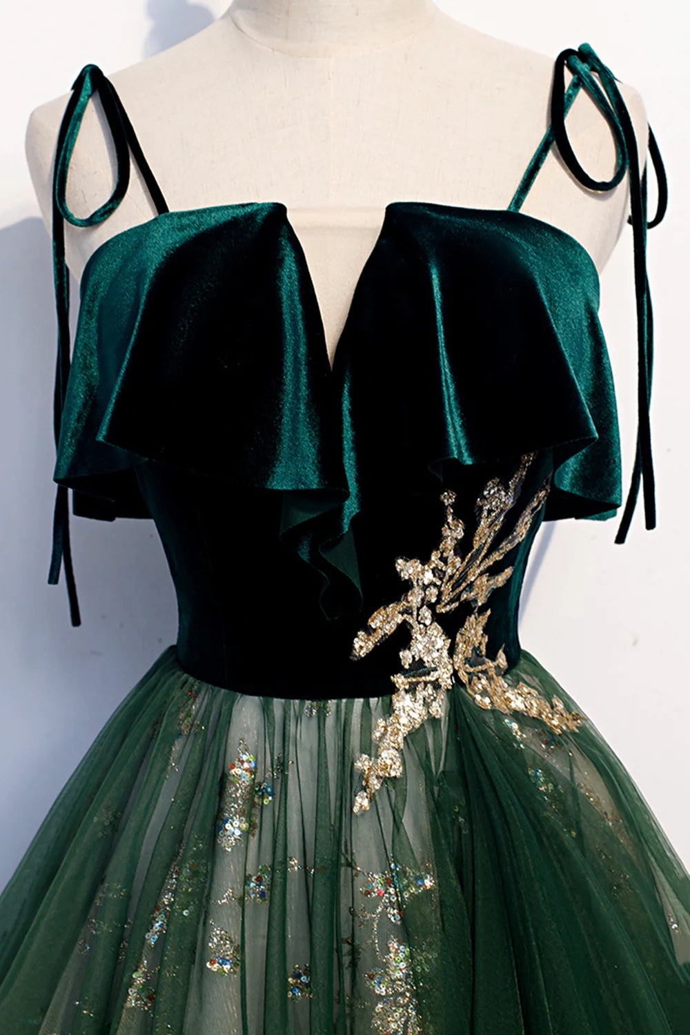 Green Tulle and Sparkly Sequins Long Prom Dress with Straps Women's Party Dress