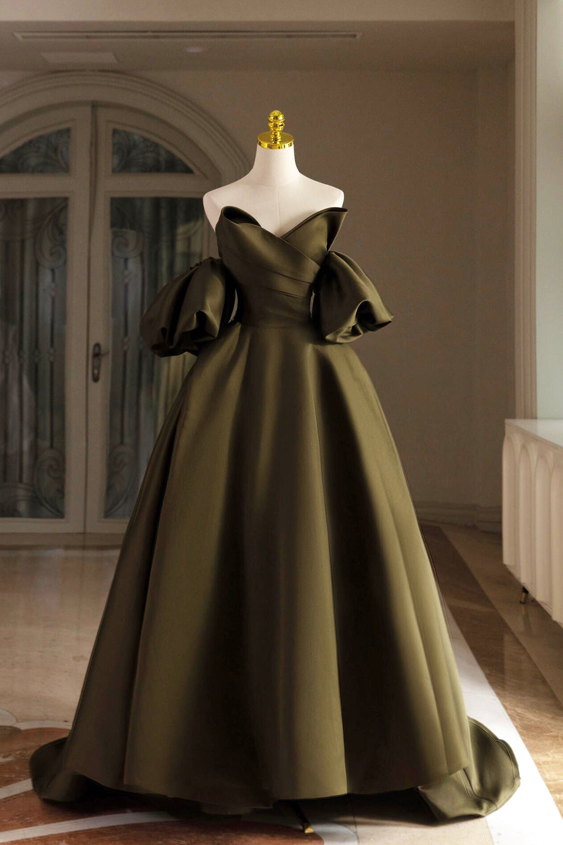 Olive Green Evening Dress A Line Puffy Sleeves Prom Dress Green Satin Party Dress Pleat Celebrity Gowns Formal Dress