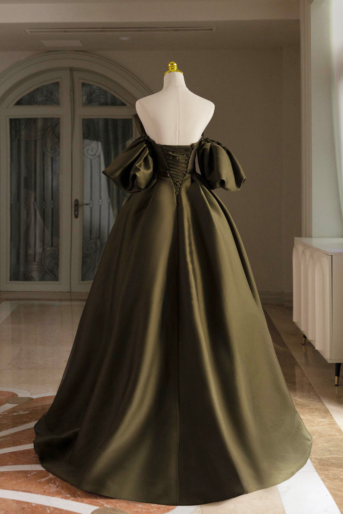 Olive Green Evening Dress A Line Puffy Sleeves Prom Dress Green Satin Party Dress Pleat Celebrity Gowns Formal Dress