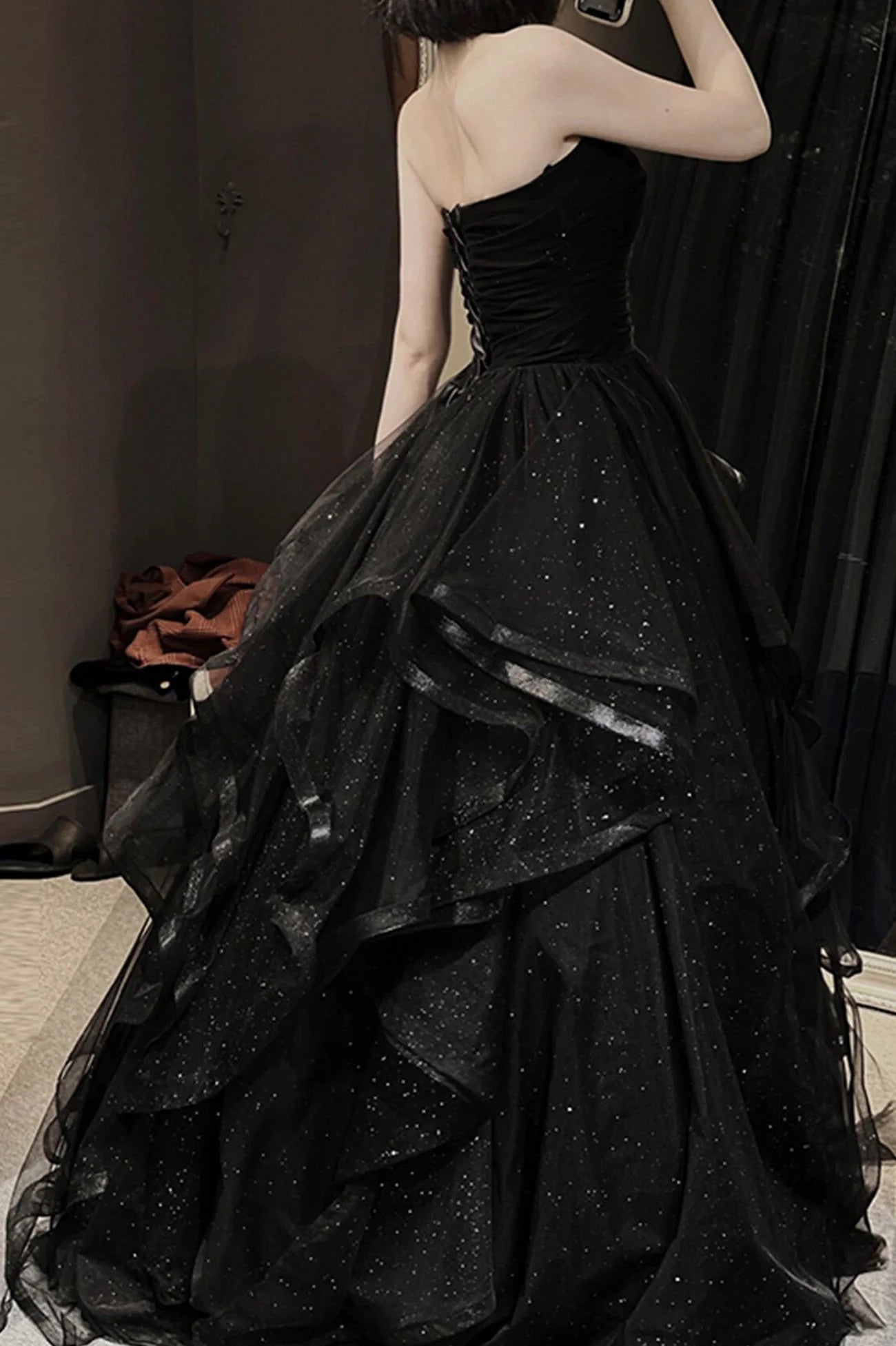 Black Tulle A-Line Tiered Pleat Ruffles Party Dress Sweetheart Formal Dress