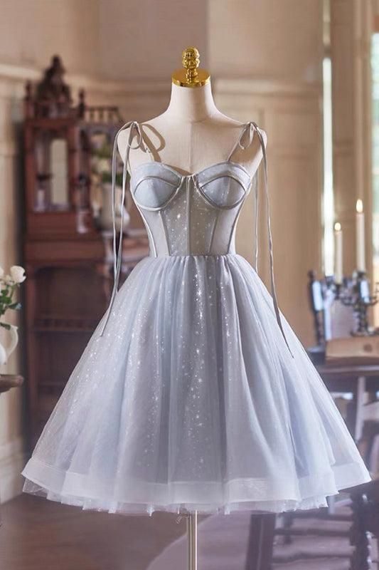 Charming Grey Tulle Short Party Dresses Spaghetti Strap Sleeveless Backless Formal Dresses