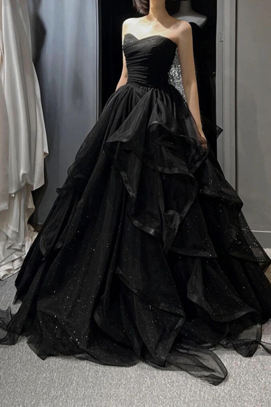 Black Tulle A-Line Tiered Pleat Ruffles Party Dress Sweetheart Formal Dress