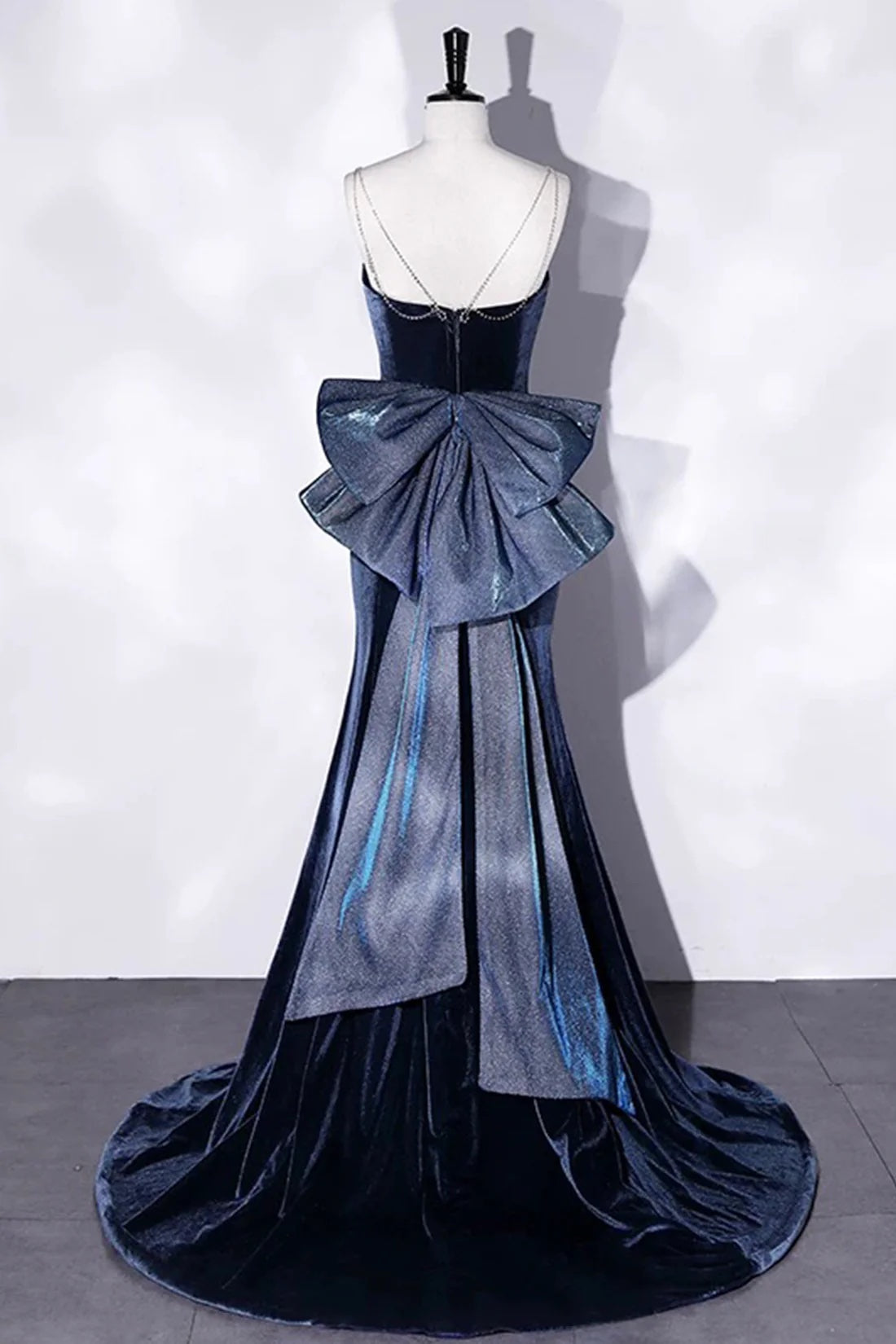 Evening Dress Mermaid Velvet Floor Length Prom Dress Blue Spaghetti Strap Backless Party Dress