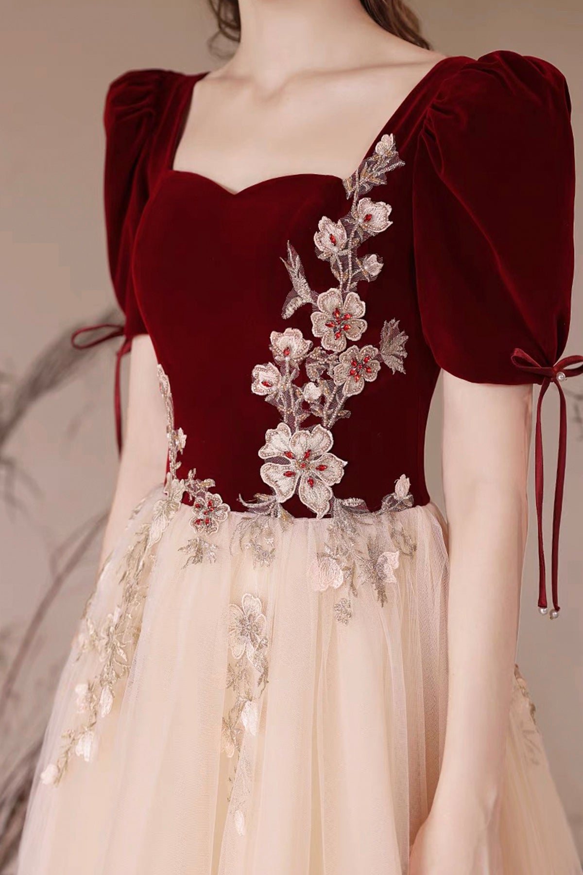 Party Dress Burgundy Rhinestone Lace Flower Velvet Prom Dress Short Sleeve Evening Dress