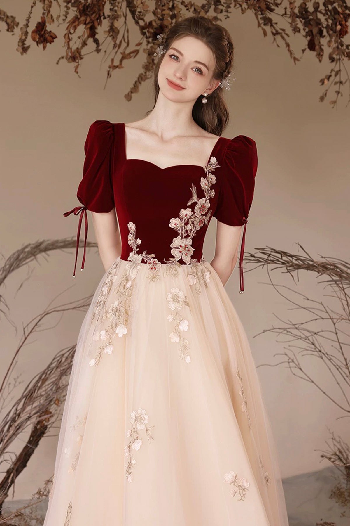 Party Dress Burgundy Rhinestone Lace Flower Velvet Prom Dress Short Sleeve Evening Dress