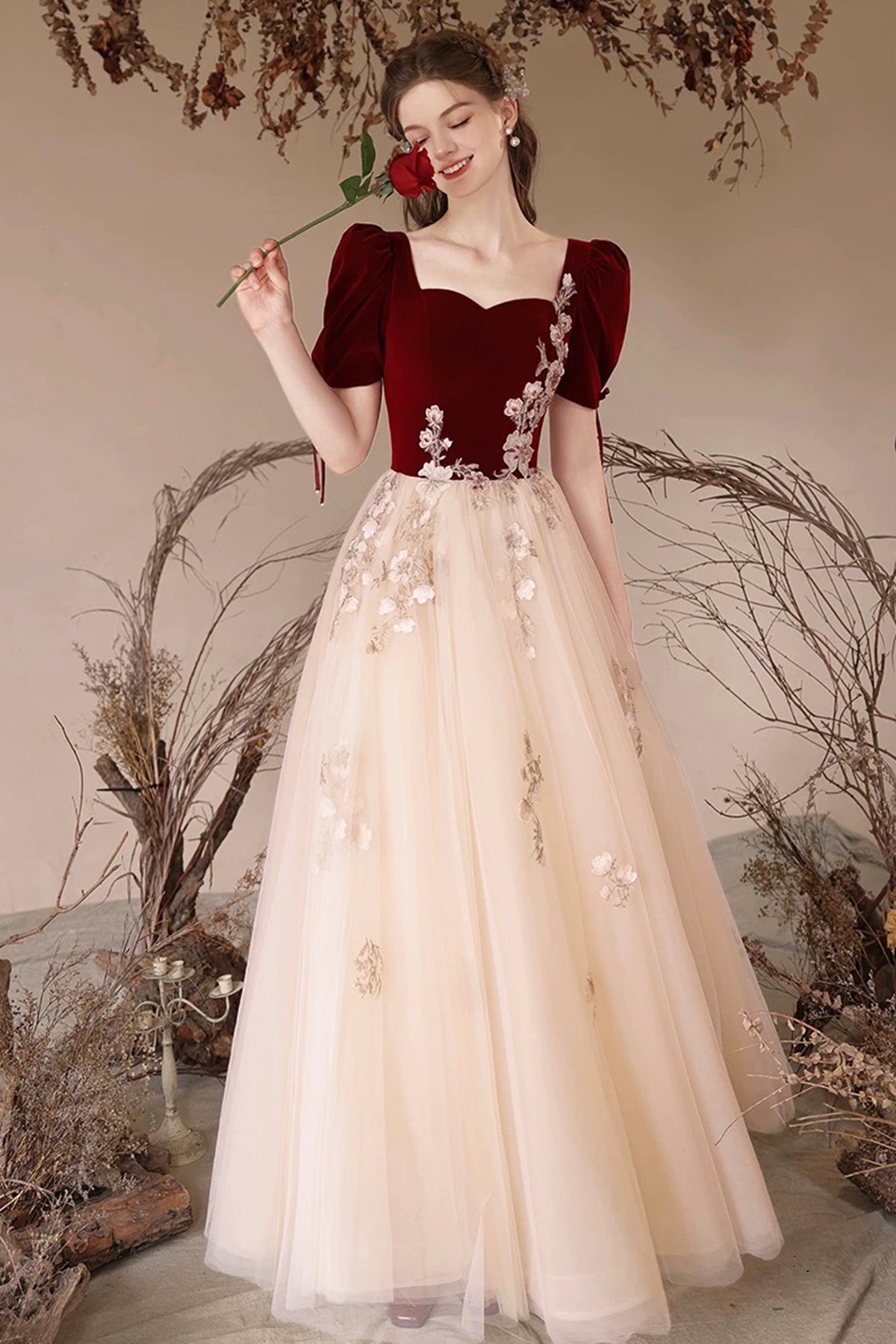 Party Dress Burgundy Rhinestone Lace Flower Velvet Prom Dress Short Sleeve Evening Dress