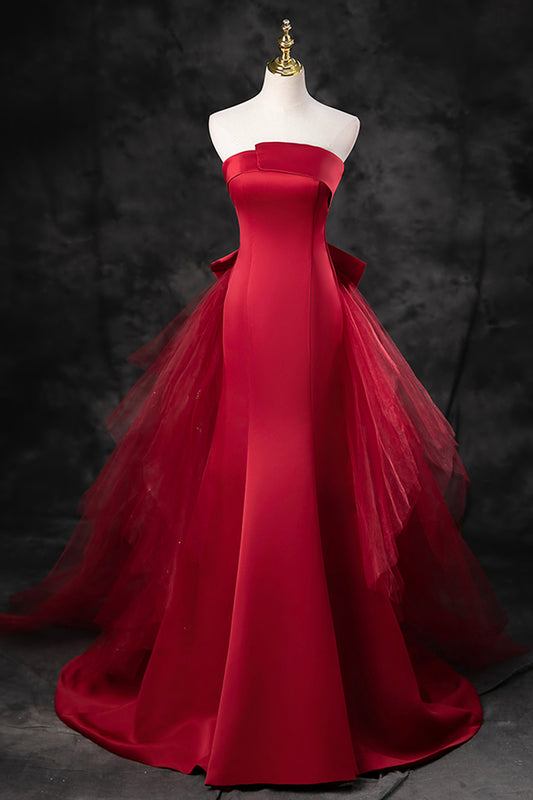 Wine Red Floor Length Strapless Tulle Mermaid Formal Prom Dress with Detachable train