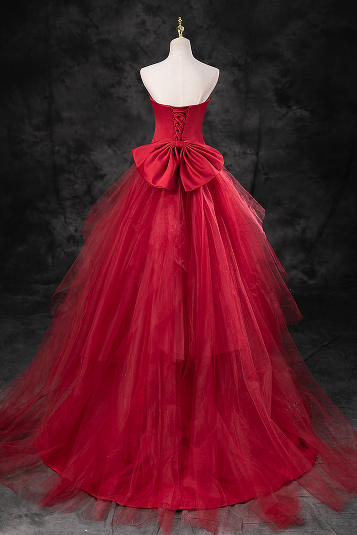 Wine Red Floor Length Strapless Tulle Mermaid Formal Prom Dress with Detachable train