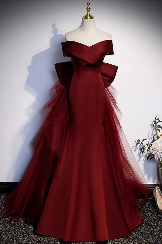 Burgundy Floor Length Off Shoulder Tulle Mermaid Formal Prom Dress with Bow