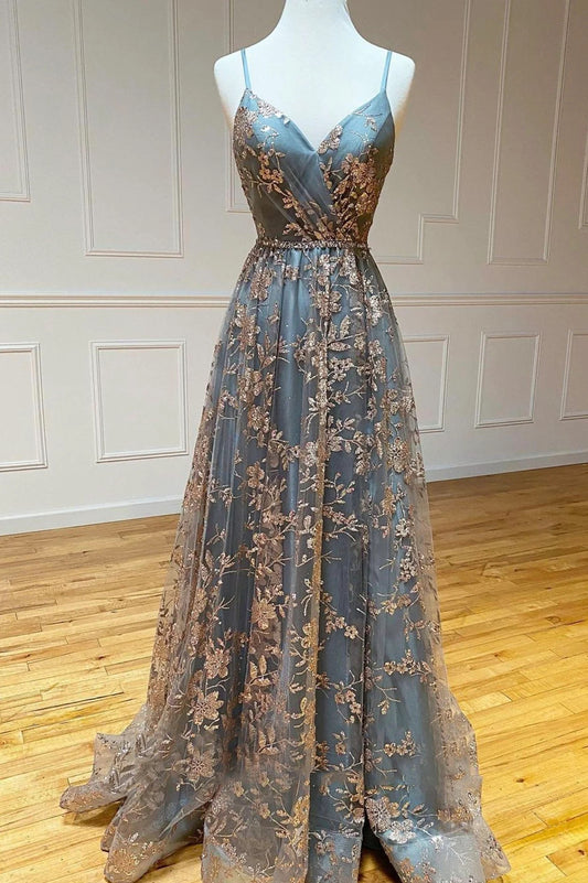 Romantic Spaghetti Strap Floor-length Sequins A Line Prom Dress Women's Party Dress