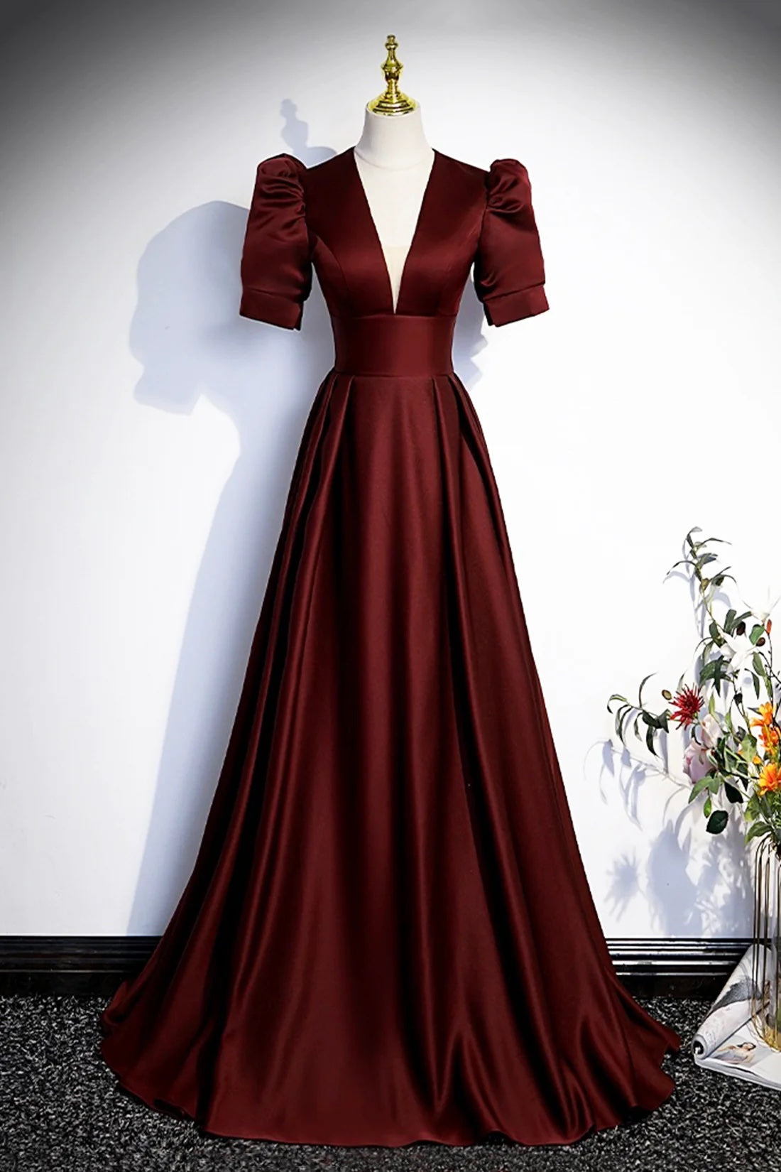 Burgundy Satin Floor Length Formal Party Dress Simple Deep V-neck Prom Dress