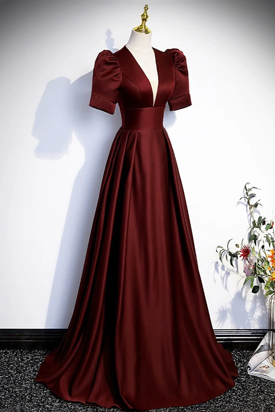 Burgundy Satin Floor Length Formal Party Dress Simple Deep V-neck Prom Dress