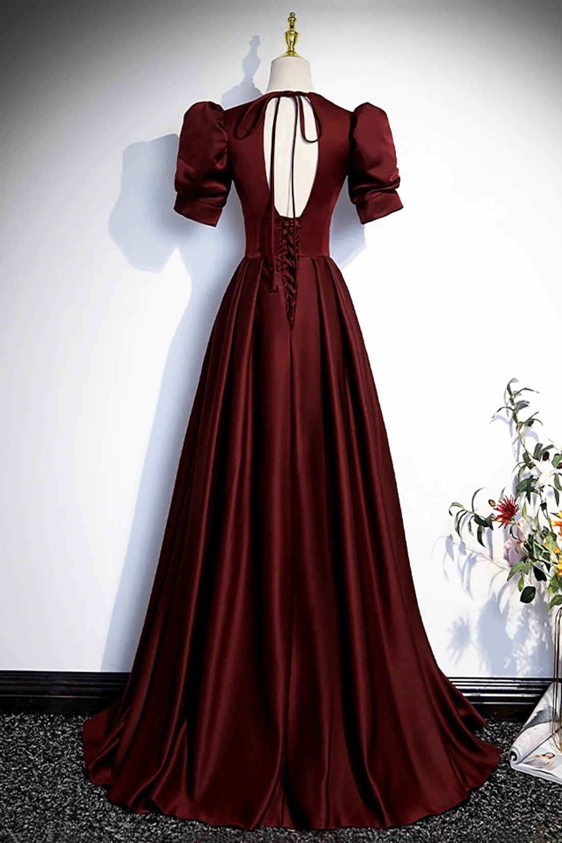 Burgundy Satin Floor Length Formal Party Dress Simple Deep V-neck Prom Dress