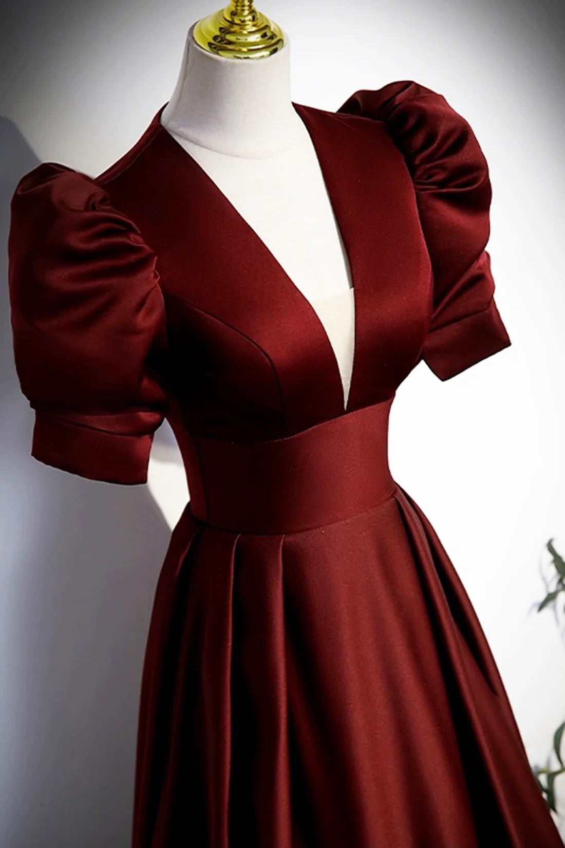 Burgundy Satin Floor Length Formal Party Dress Simple Deep V-neck Prom Dress