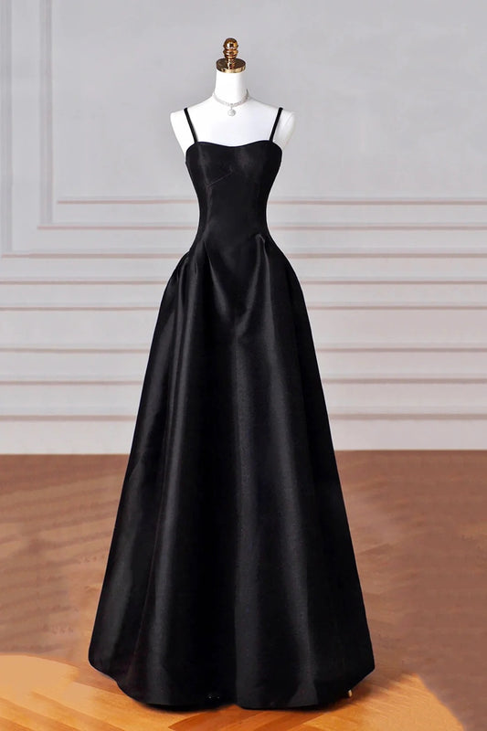 Black Satin Spaghetti Strap A-Line Evening Formal Dress Black Women's Party Dress