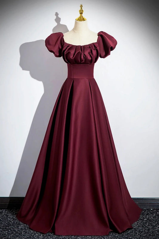 A-Line Off the Shoulder Burgundy Satin Short Sleeve Minimalist Floor Length Formal Dresses