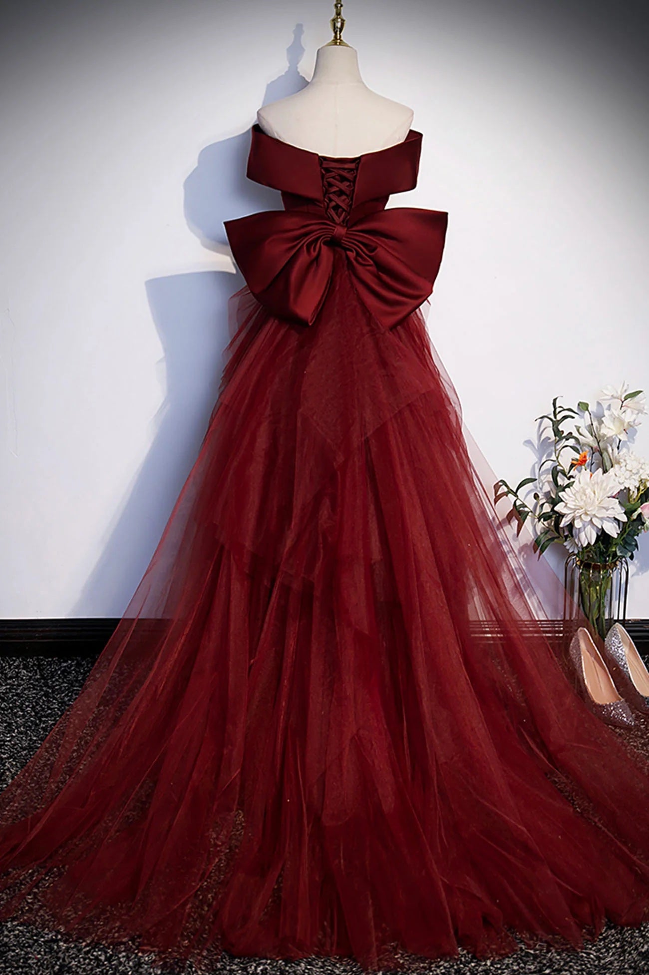 Burgundy Floor Length Off Shoulder Tulle Mermaid Formal Prom Dress with Bow