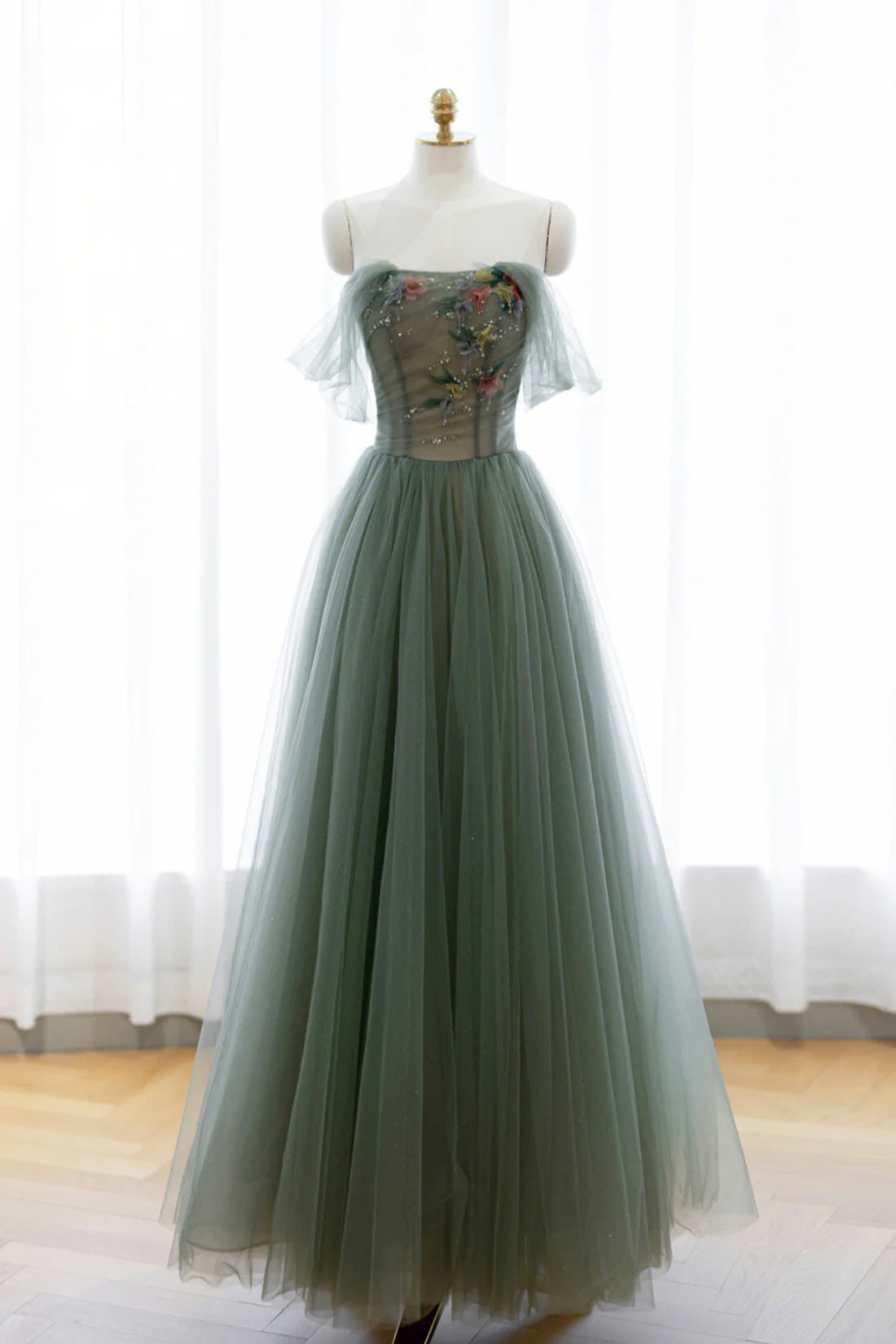 Sage Green Tulle Long Prom Dress Off the Shoulder Floor Length Evening Gowns Formal Party Gowns