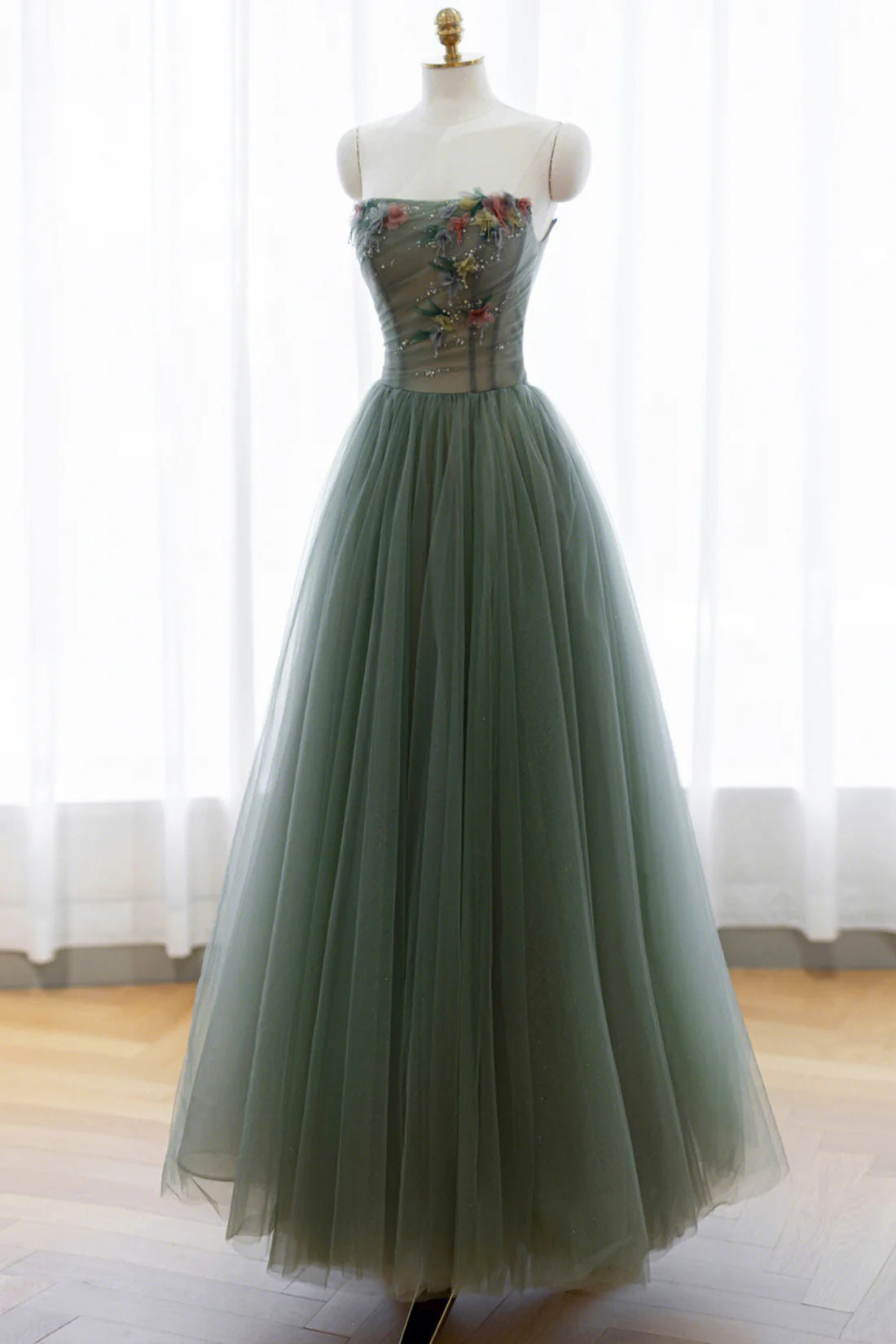 Sage Green Tulle Long Prom Dress Off the Shoulder Floor Length Evening Gowns Formal Party Gowns