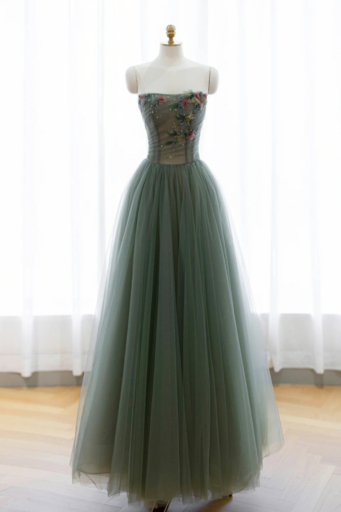 Sage Green Tulle Long Prom Dress Off the Shoulder Floor Length Evening Gowns Formal Party Gowns